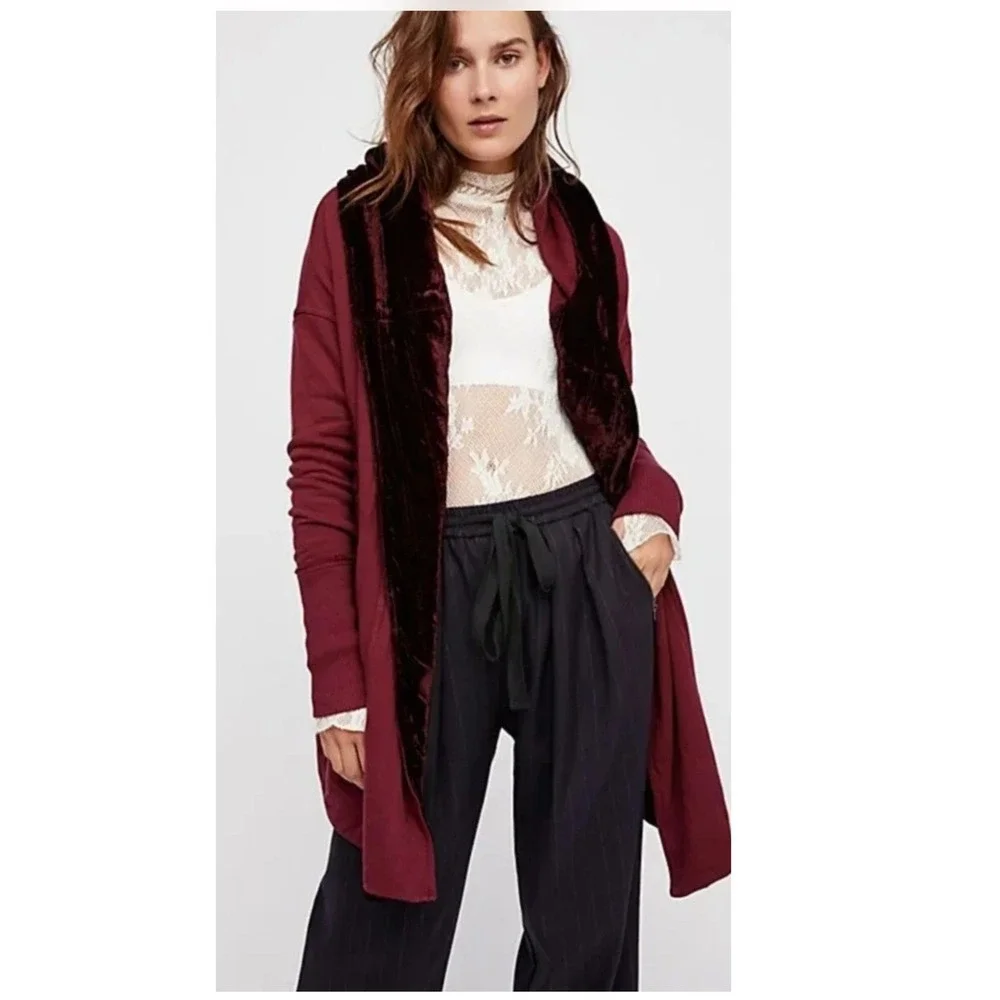 Free People Westwood Cardigan Size S Burgundy Velvet Trim Cloak Hood Dark Berry
